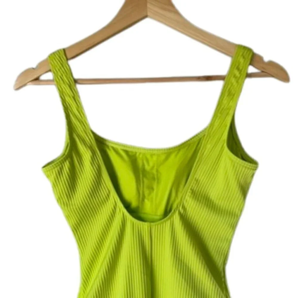 Michael Kors Vibrant Lime Green Ribbed One-Piece Swimsuit, Gold Accents, Small